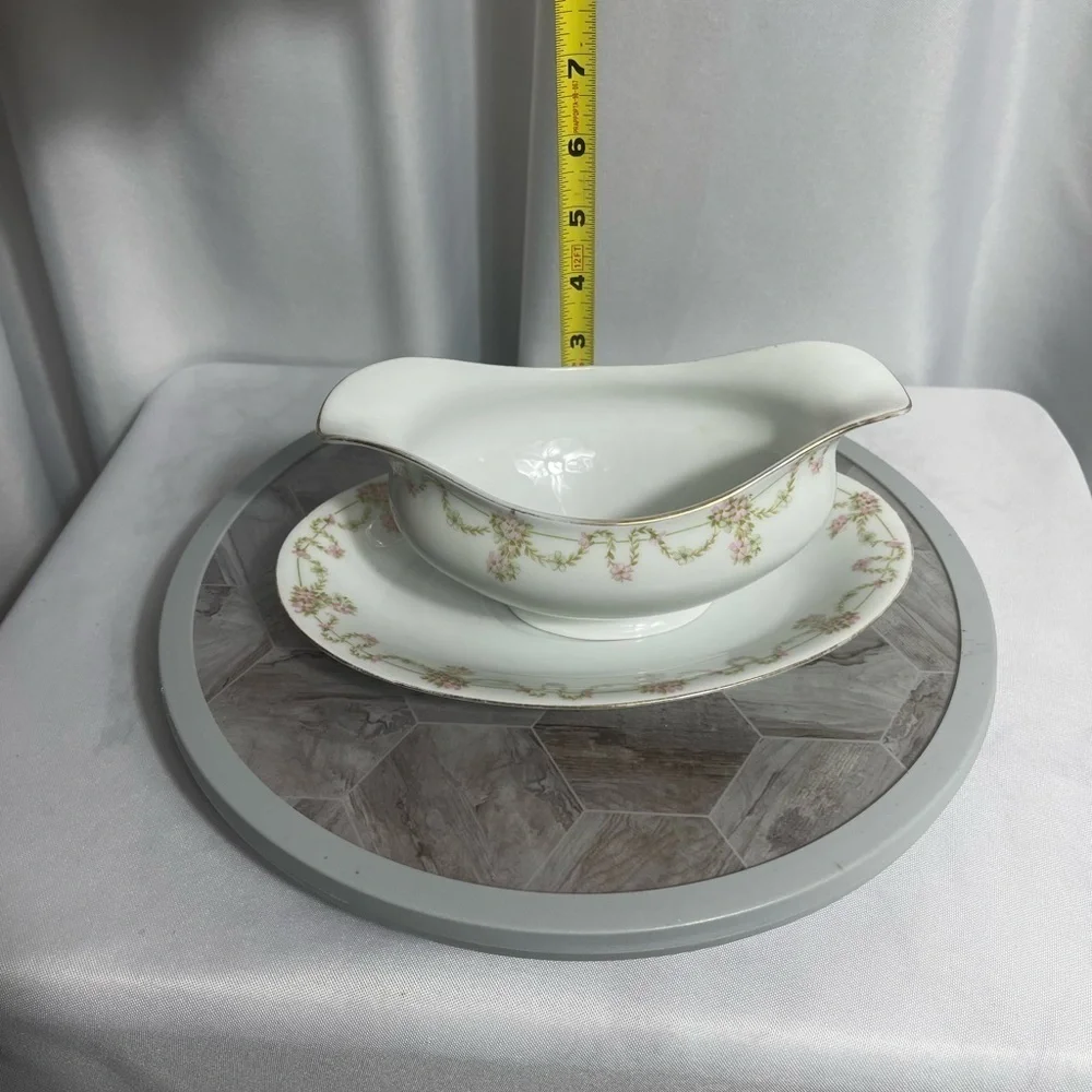 Bavaria Elegant White Delicate Pink Floral Green Garland Gravy Boat with Saucer